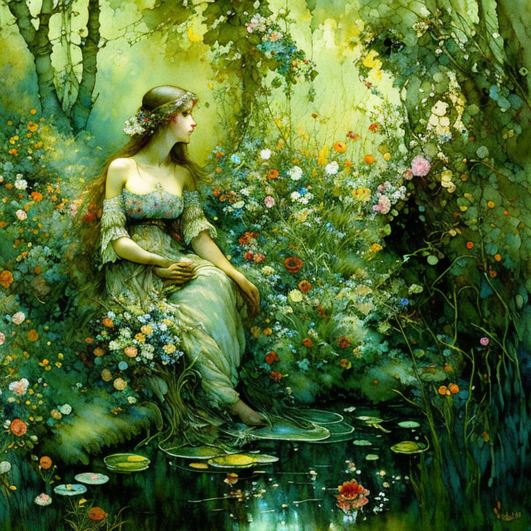 Serene woman in pastel gown by lush pond with vibrant flowers.