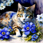 Colorful cat illustration with blue eyes among blue and white flowers