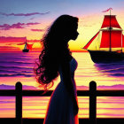 Woman's silhouette at railing watching colorful sunset over sea with sailboats