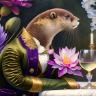 Elegant anthropomorphic otter in green and gold suit with wine, candlestick, and flowers