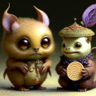 Whimsical creatures with large eyes, cookies, pearl, insects, and leaf hat