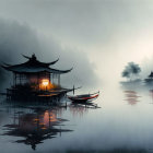 Misty Asian landscape with traditional architecture, lantern, boats, and hazy morning sky