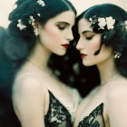 Floral hair accessories and lacy attire in soft-focus portrait