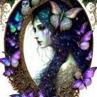 Fantasy artwork: Woman with purple hair, butterflies, and owls in golden frame