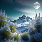 Starry sky over snow-covered mountain peaks and evergreen trees