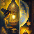 Woman in golden dress under lantern light with moon and intricate patterns.