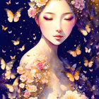 Detailed woman illustration with floral adornments and golden butterflies