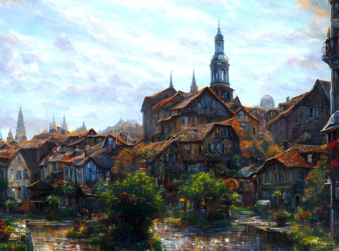 Fantasy medieval village with rustic houses, tower, and waterways