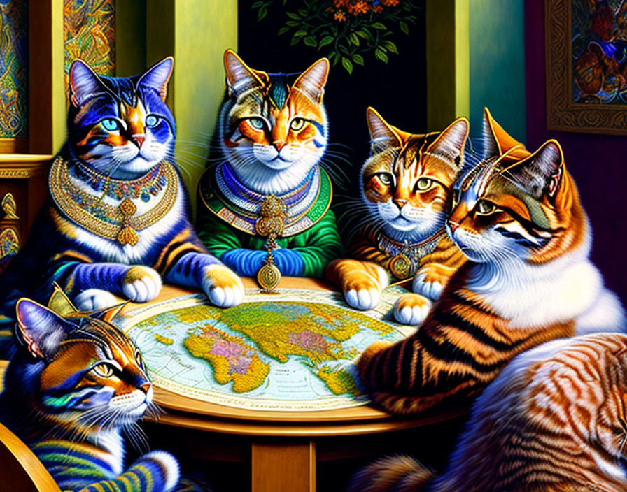 Five cats in regal attire around world map discussing global affairs