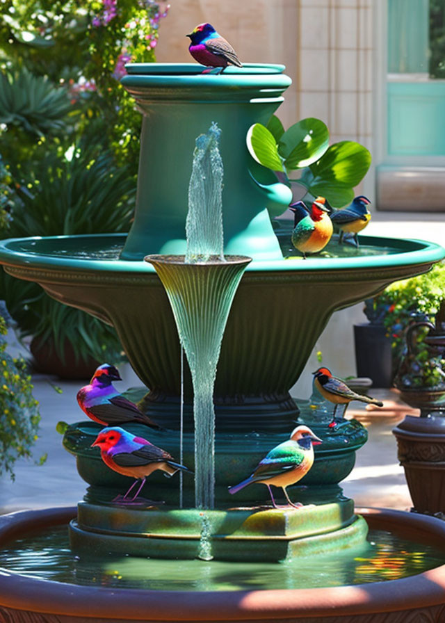 Vibrant birds perched on colorful tiered fountain in lush green setting