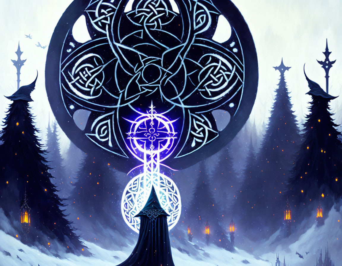 Mystical Celtic knot gate in snowy forest under twilight sky