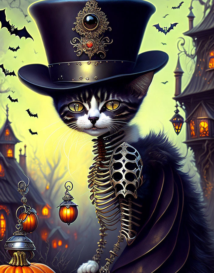 Whimsical cat in top hat with skeleton body among Halloween motifs