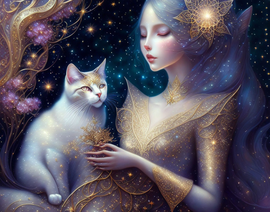 Blue-skinned woman with golden adornments holding a white cat in cosmic setting