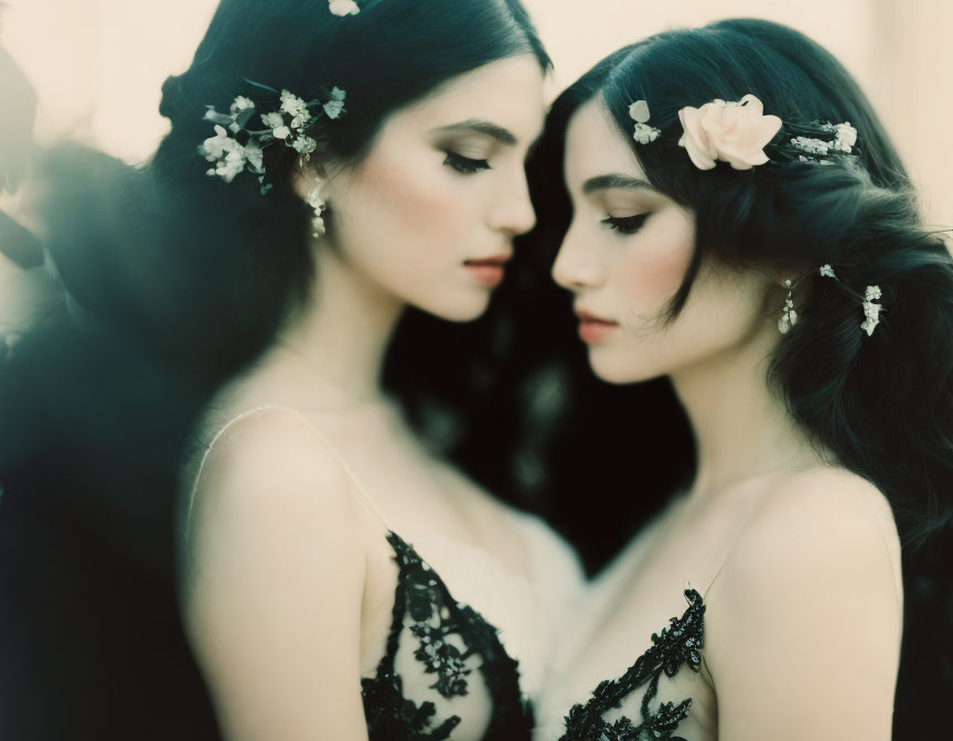 Floral hair accessories and lacy attire in soft-focus portrait