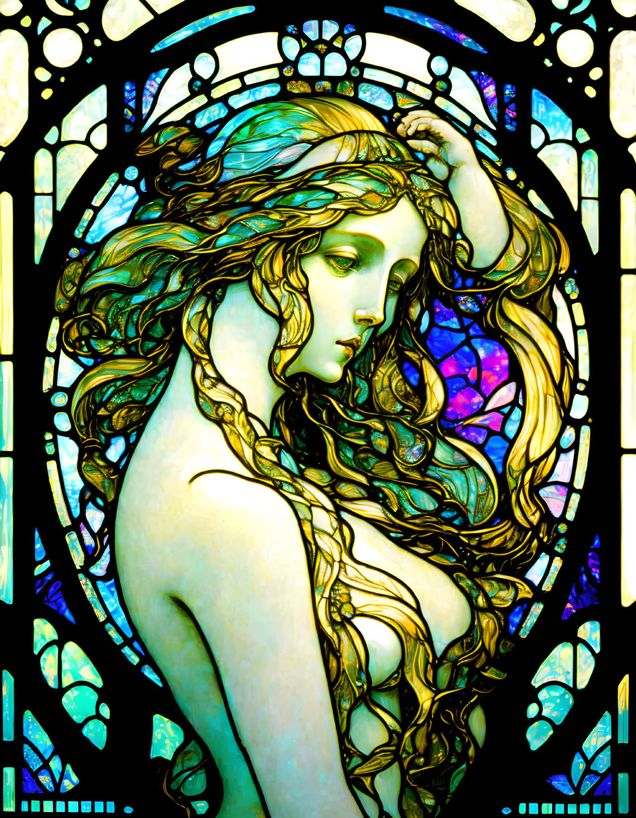 Stained glass artwork of woman with flowing hair and vibrant colors