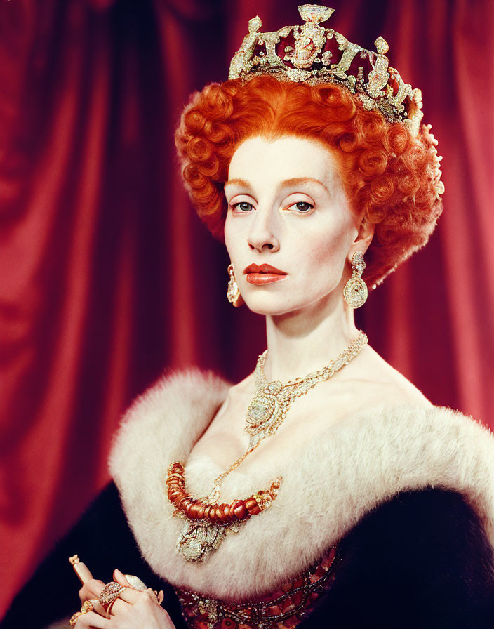 Red-haired woman in crown, pearl necklace, fur-trimmed gown on red background