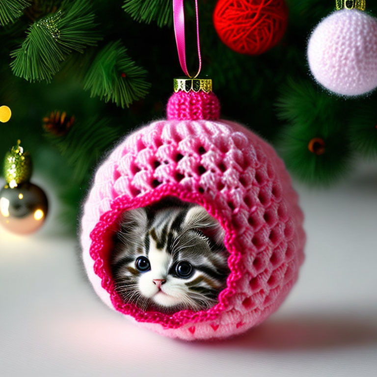 Pink Crocheted Christmas Ornament with Kitten Face on Tree