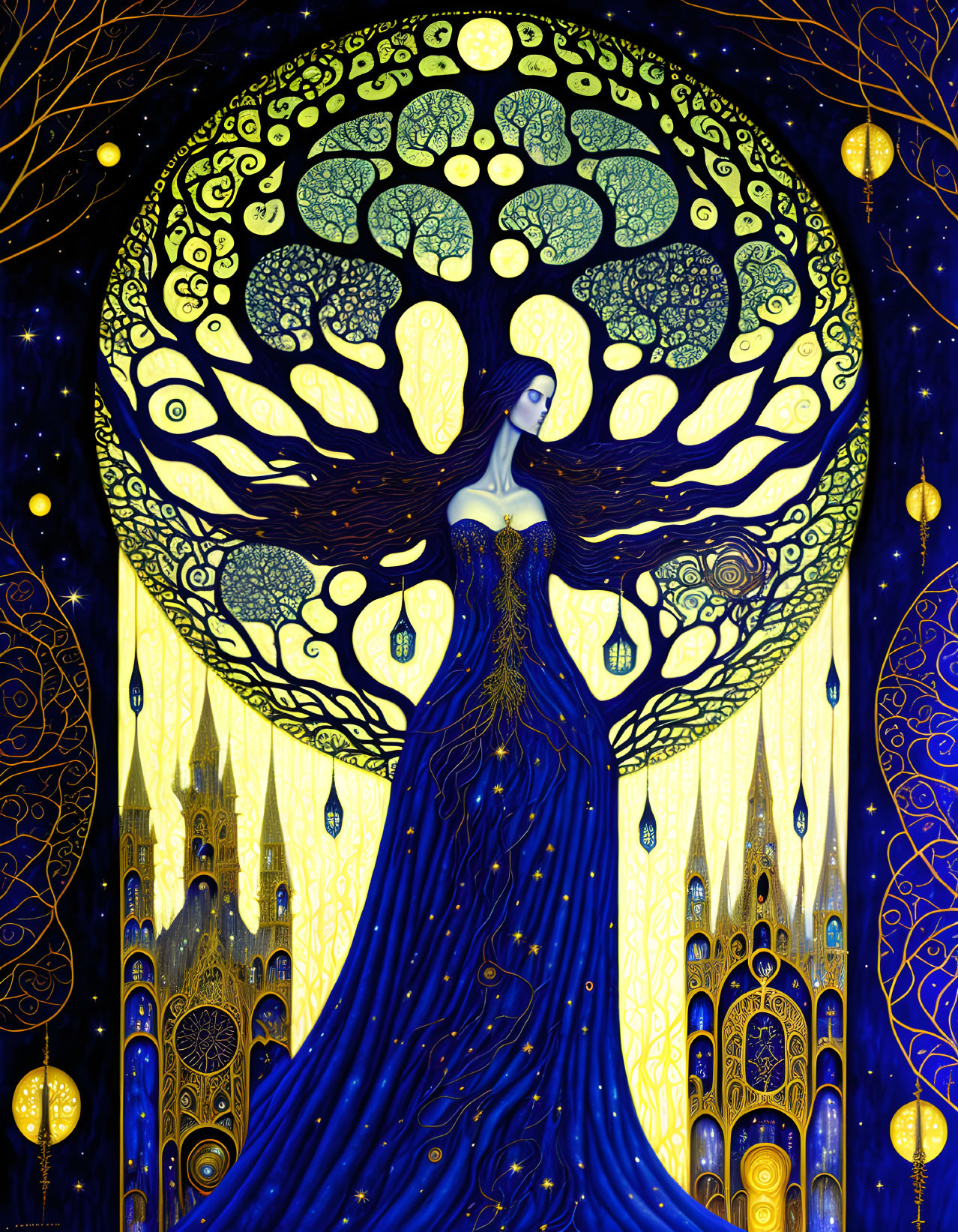 Illustration of woman with flowing hair in peacock dress, ornate tree & celestial background