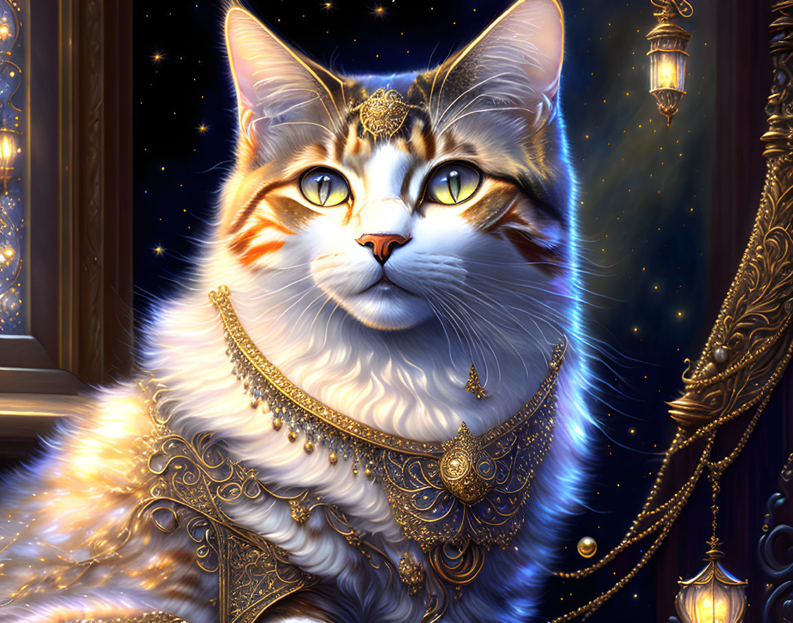 Majestic cat with golden jewelry in starry night scene