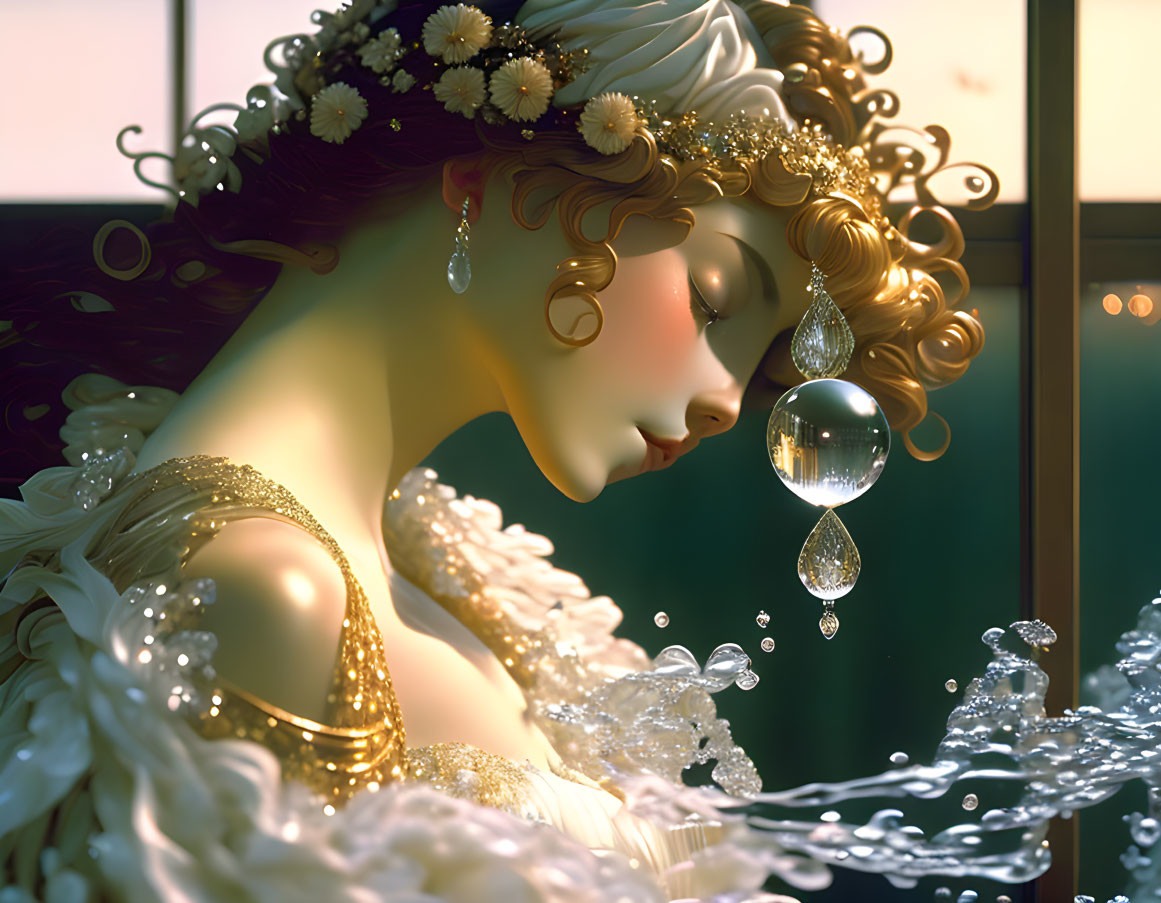 Fantasy portrait of a woman with golden jewelry and floral garland, contemplating a water droplet