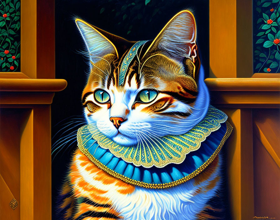 Colorful Renaissance-style cat illustration on wooden panel backdrop