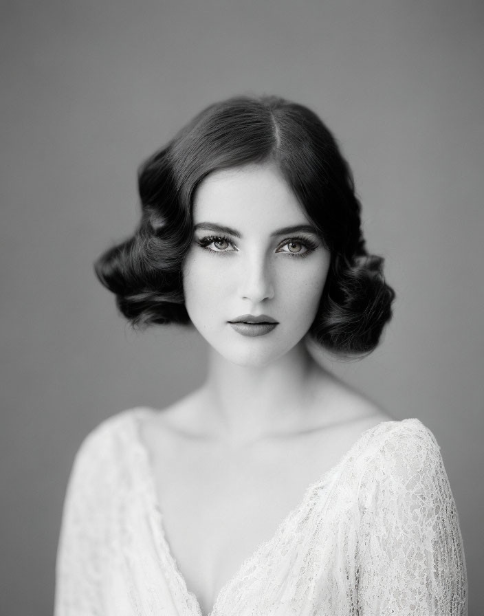 Vintage Waves Monochrome Portrait of Woman in Lace Attire