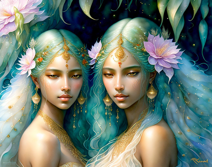 Ethereal women with greenish hair and gold jewelry in mystical setting