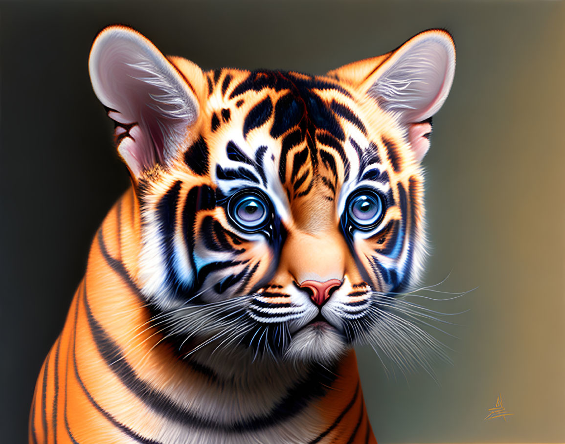 Detailed digital illustration of young tiger with blue eyes and vibrant stripes on gray background