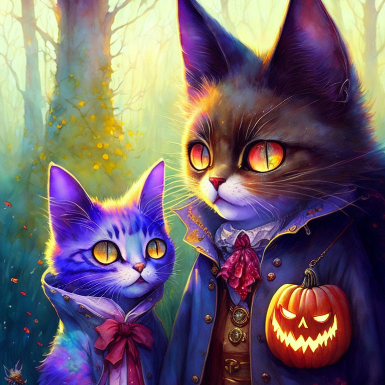 Anthropomorphic cats in fancy attire with jack-o'-lantern in autumn setting