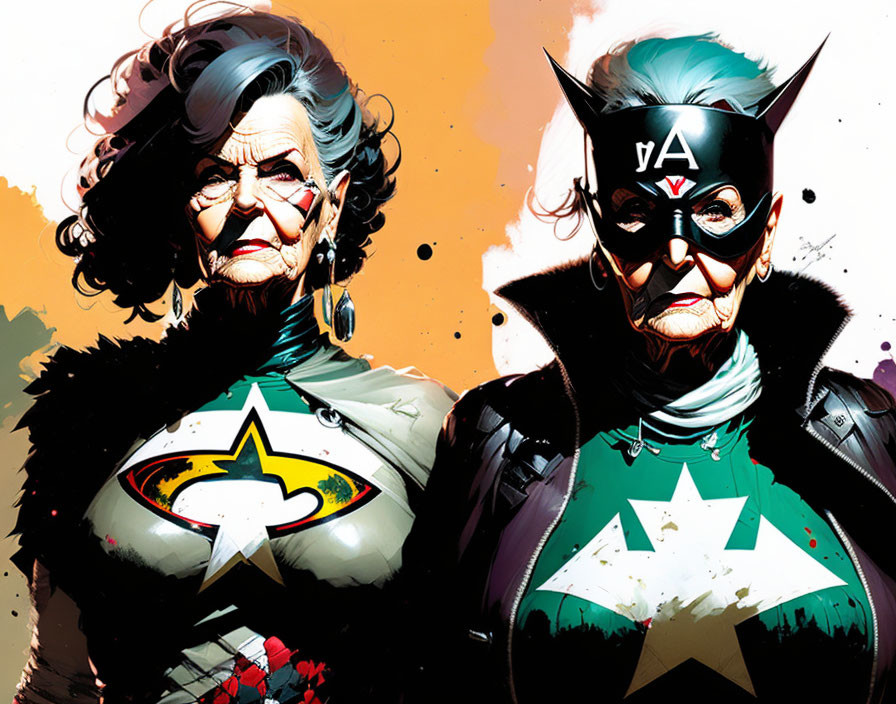 Elderly women portrayed as superheroes with star and "A" symbols