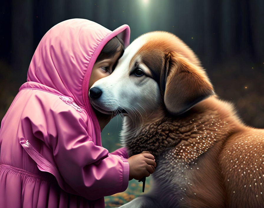 Child in Pink Jacket Embraces Dog in Mystical Forest