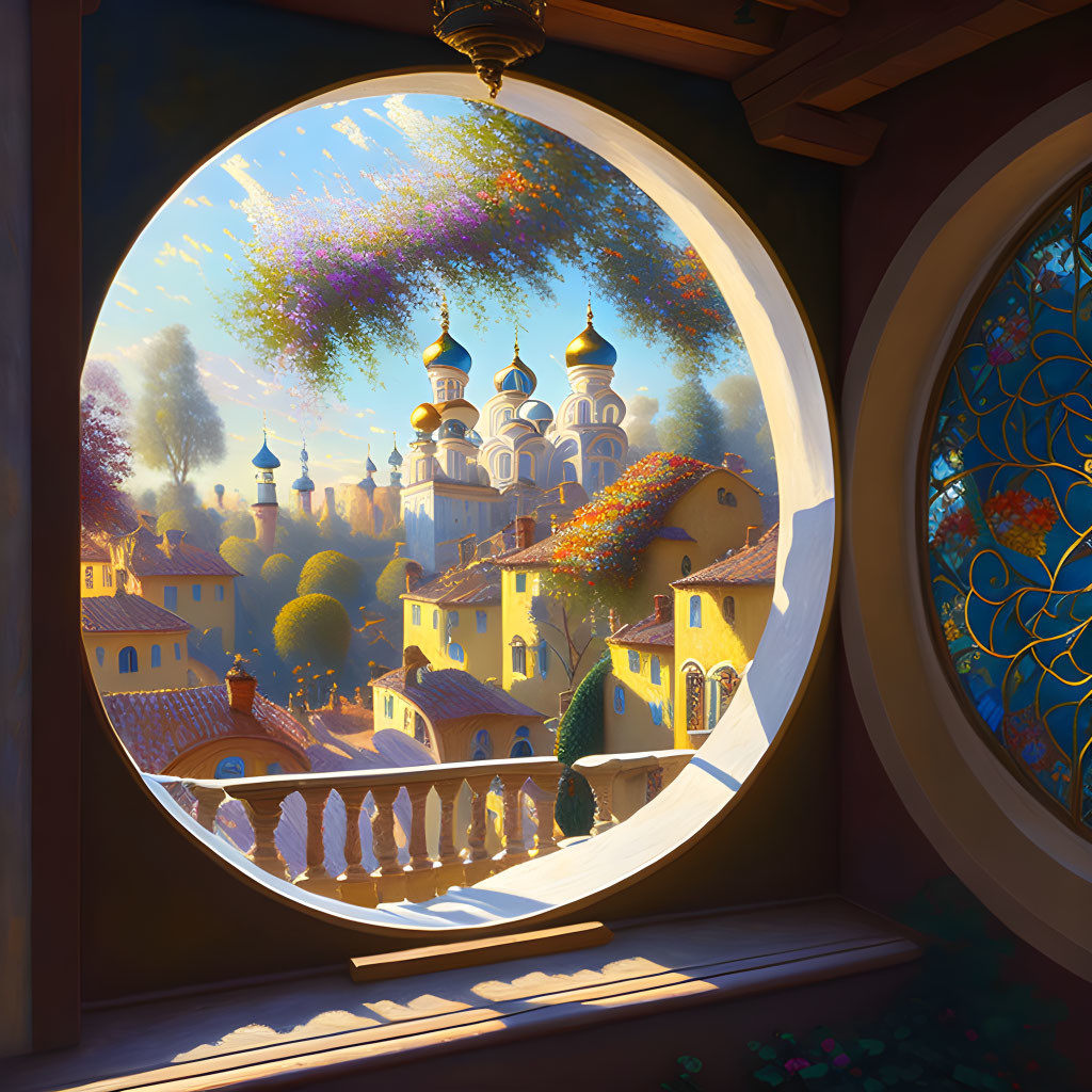 Round window showcasing vibrant village with golden domes and autumn trees.