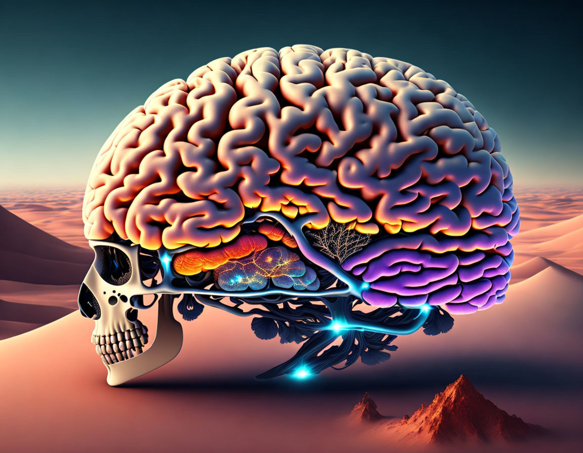 Vibrant surreal brain illustration in desert setting