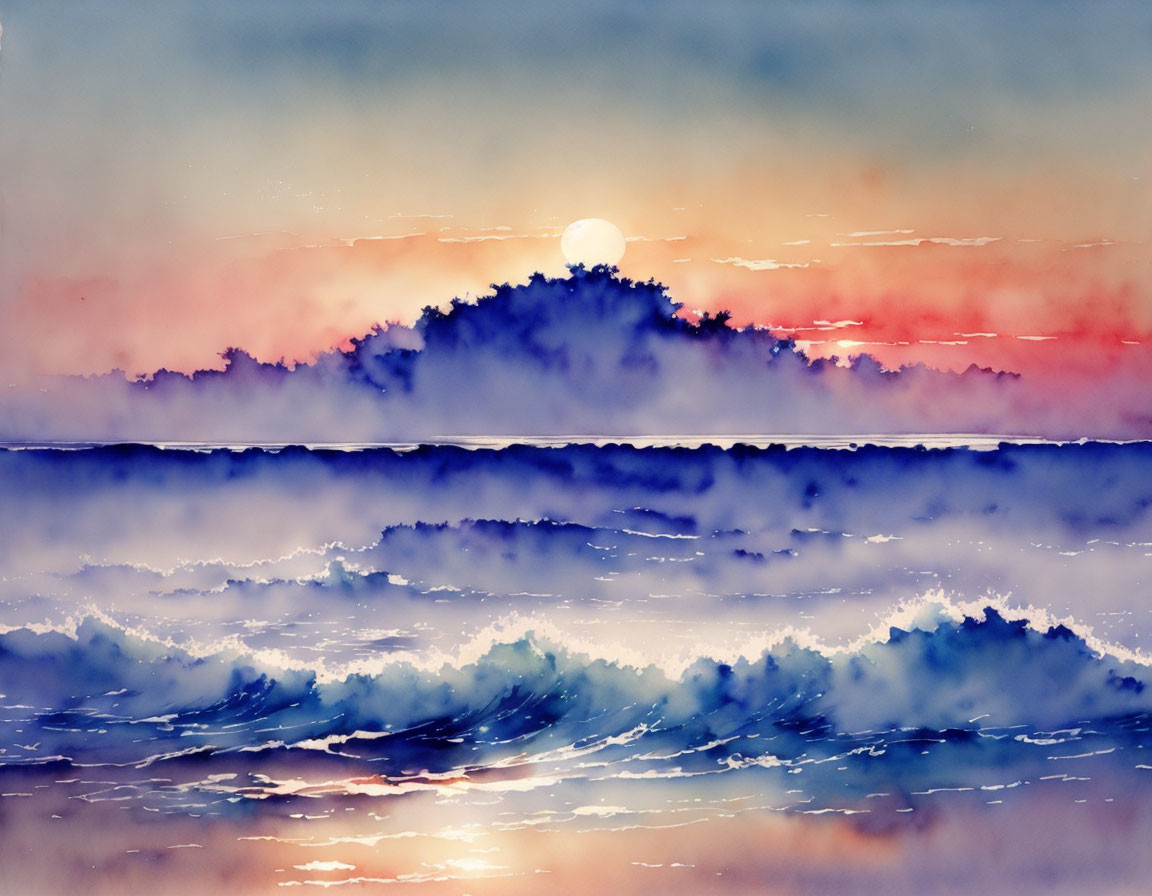 Serene seascape watercolor painting with misty mountains and sun.