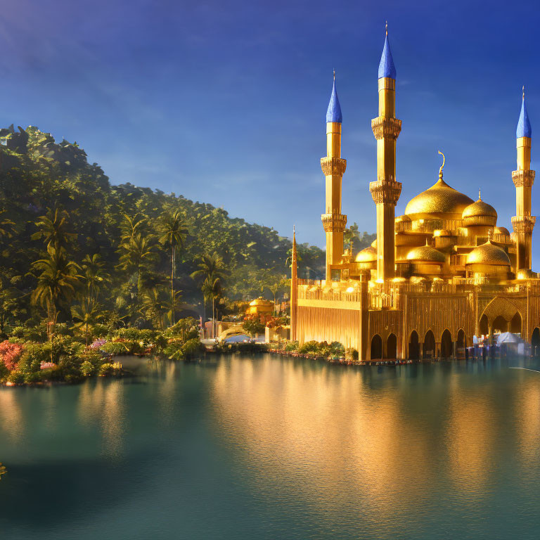 Golden mosque with blue spires by tranquil lake at dusk