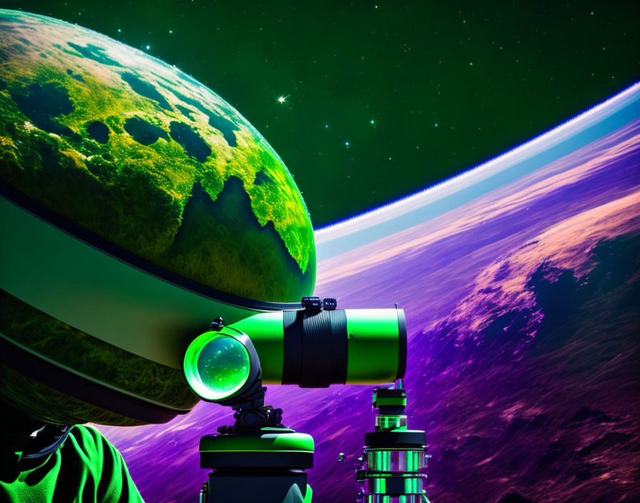 Large telescope against cosmic backdrop with green moon and planet with atmosphere