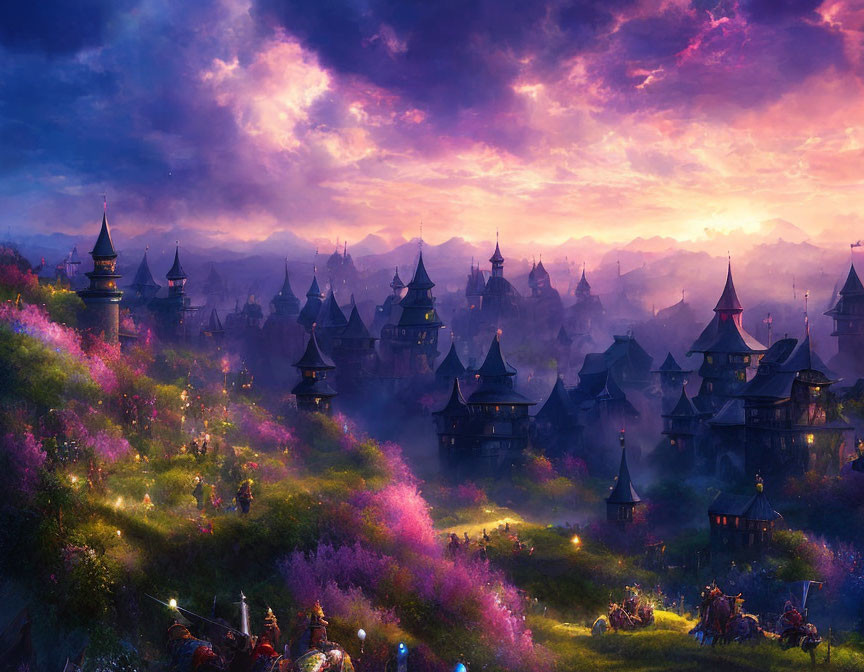 Fantastical Landscape with Ornate Towers and Purple Flora