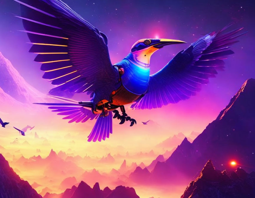 Mechanical bird with blue plumage flying in vibrant sky