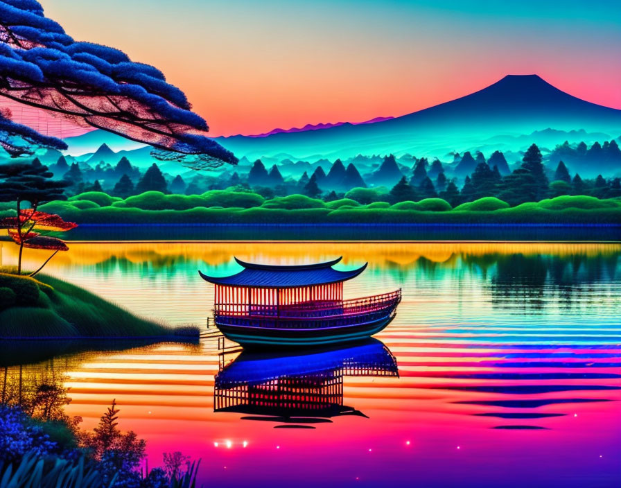 Colorful sunset over serene lake with Mt. Fuji silhouette, traditional boat, and pine tree.