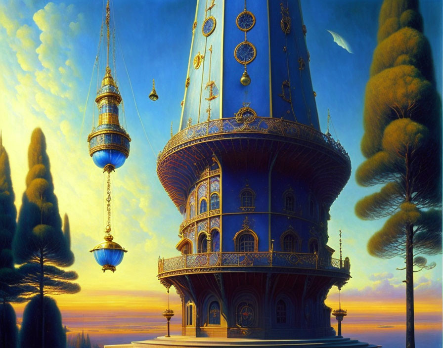 Ornate balconies tower in fantastical dawn scene