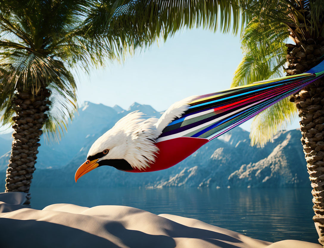 Colorful Eagle Illustration Amidst Palm Trees and Mountain Lake