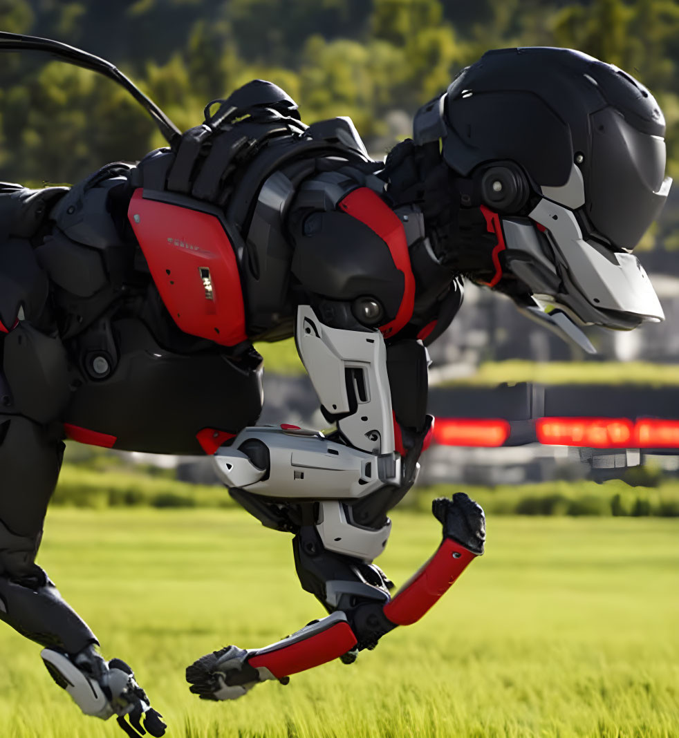 Black and Red Robotic Quadruped in Grass Field