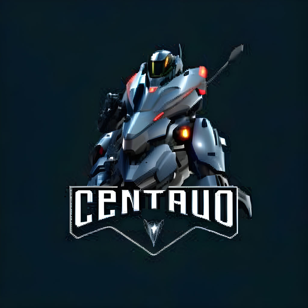 Futuristic robotic centaur with illuminated armor above stylized "CENTAURO