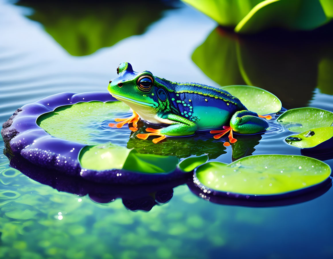 Colorful Frog on Purple Lily Pad in Calm Water