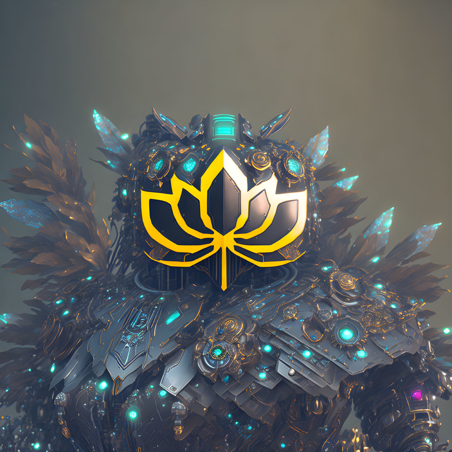 Armored figure with glowing butterfly emblem and intricate metallic details