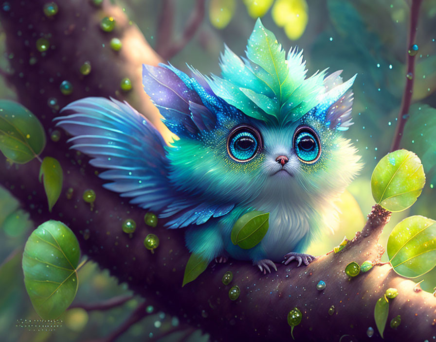 Colorful feathered creature perched on tree branch with expressive eyes in vibrant nature scene