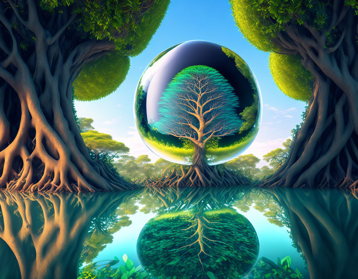 Surreal landscape with large trees, reflective sphere, and mirrored tree on water.