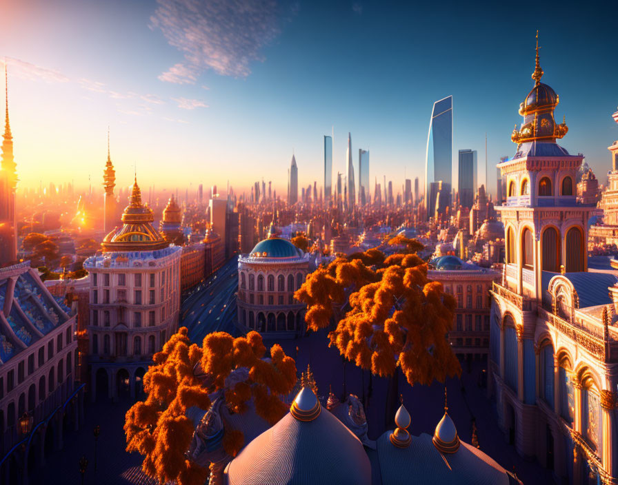 Futuristic cityscape at sunrise with traditional and modern buildings