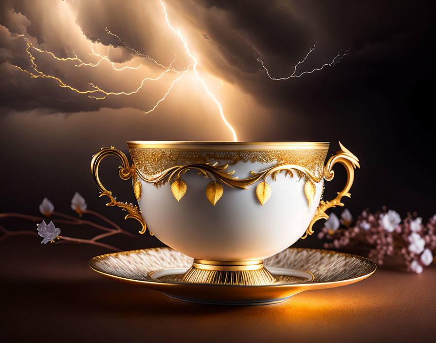 Golden and white ornate cup and saucer on stormy sky backdrop with lightning bolts