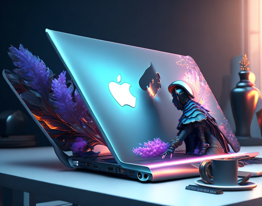 Warrior emerging from laptop screen in neon-lit room